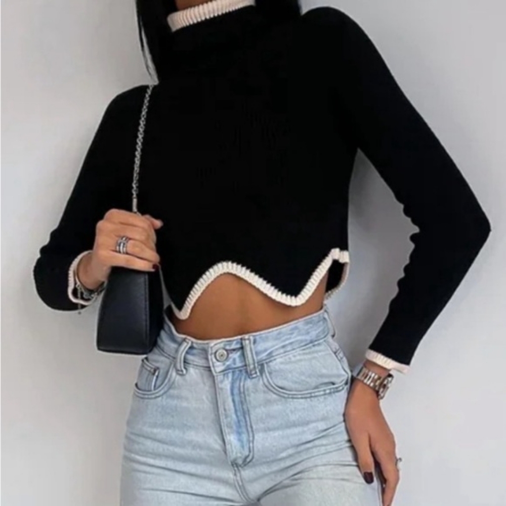 Commense Black and White Cowl Turtleneck Sweater with Wavy Stripe - Picture 2 of 6